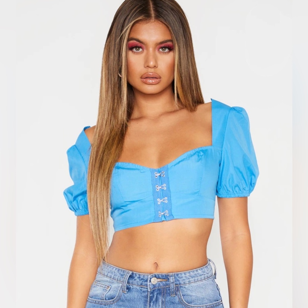 PrettyLittleThing bright blue puff sleeve corset crop top size 2 ✨ NWOT